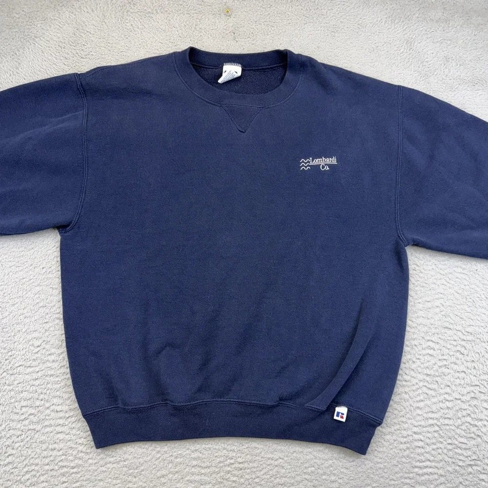 Vintage Russell Athletic Sweatshirt Mens Medium Blue Lombardi Co Embroidered 90s